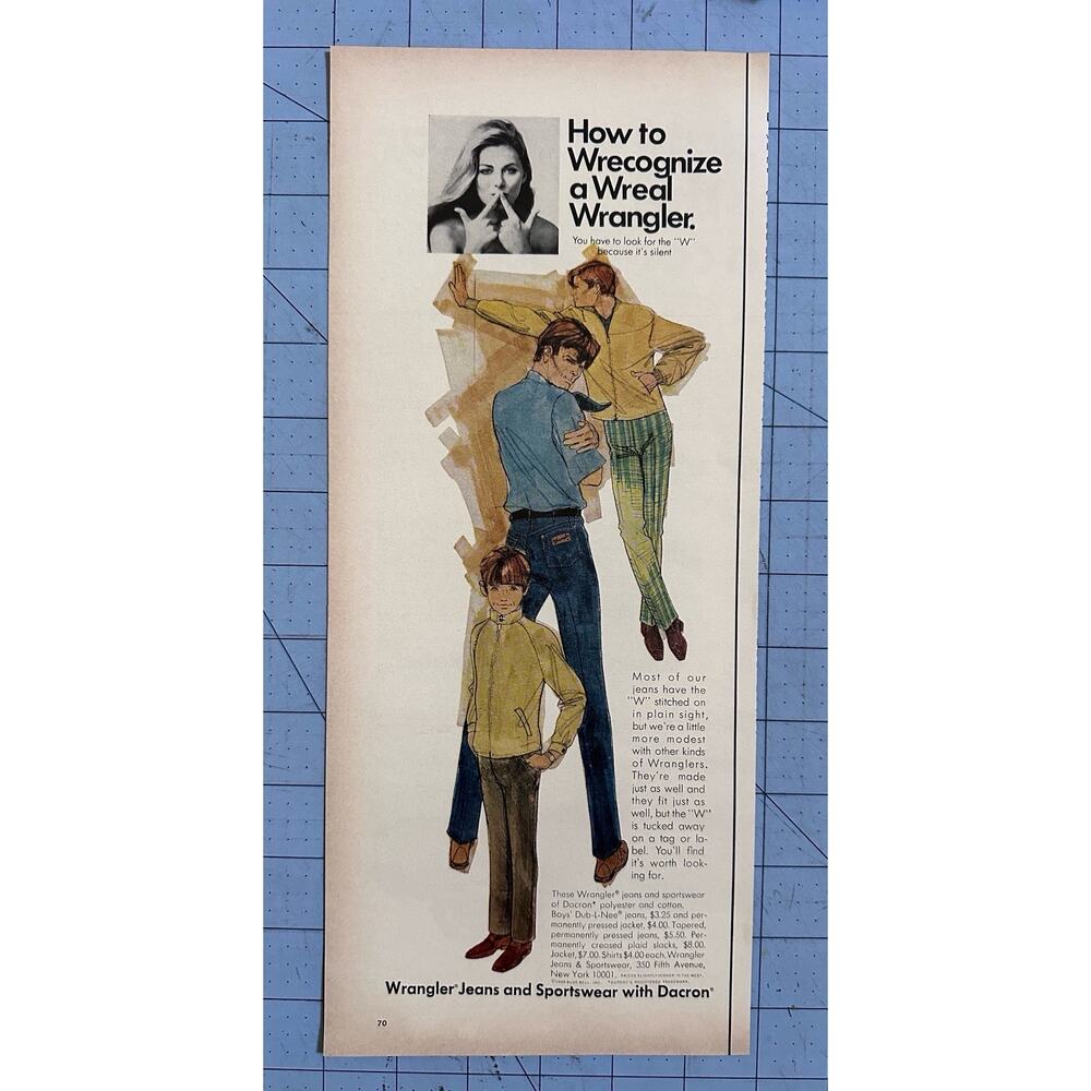 1969 Print Ad Wrangler Jeans Dacron Polyester Denim Clothing